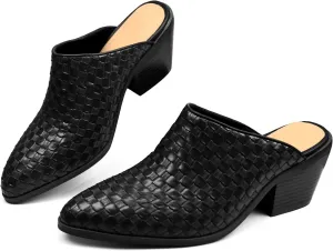 Women's Pumps Closed Pointed Toe Block Heel Mule Woven Leather Chunky Stacked Heeled Slip On Slippers Casual Comfortable Shoes