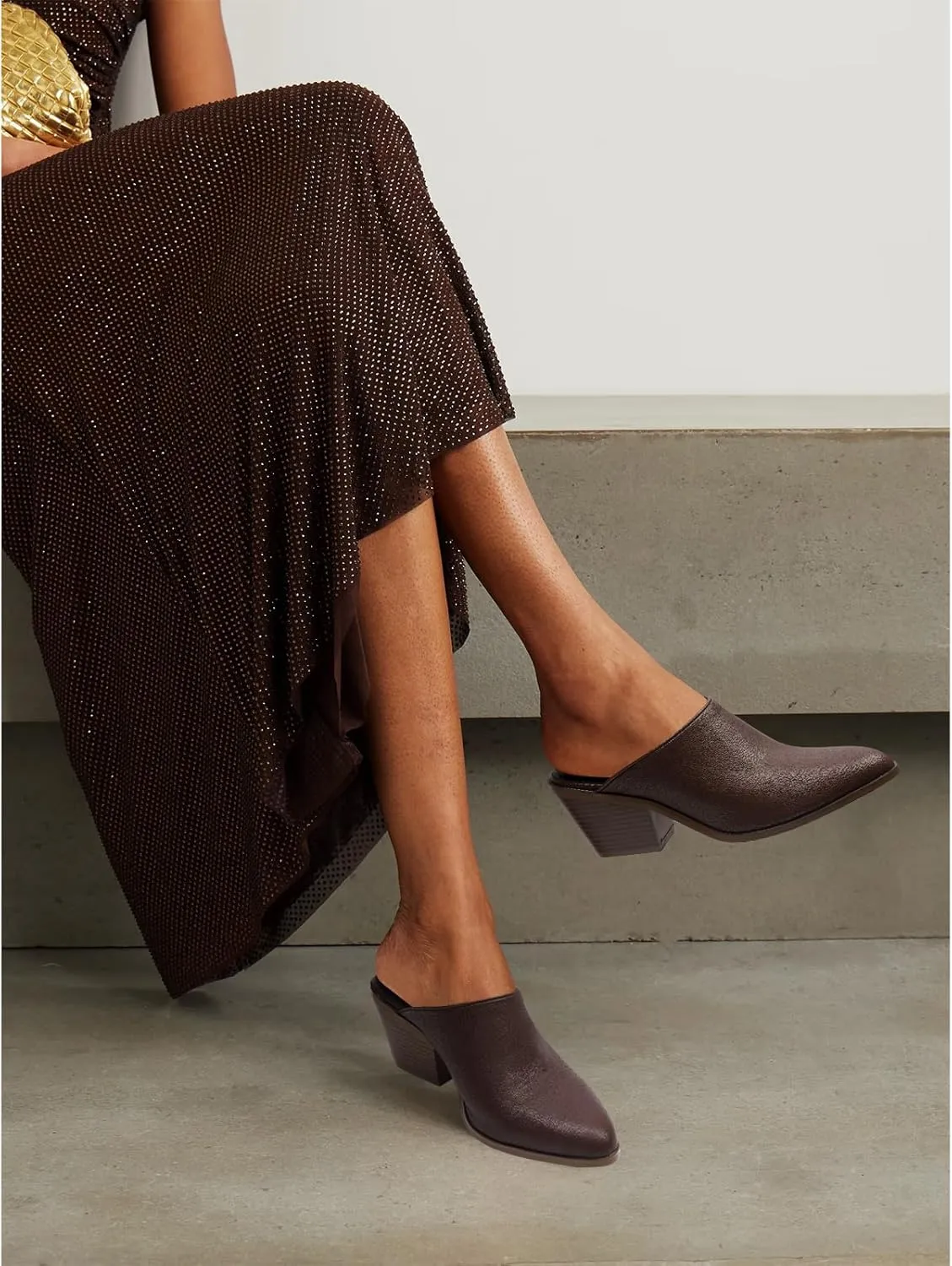 Women's Pumps Closed Pointed Toe Block Heel Mule Woven Leather Chunky Stacked Heeled Slip On Slippers Casual Comfortable Shoes