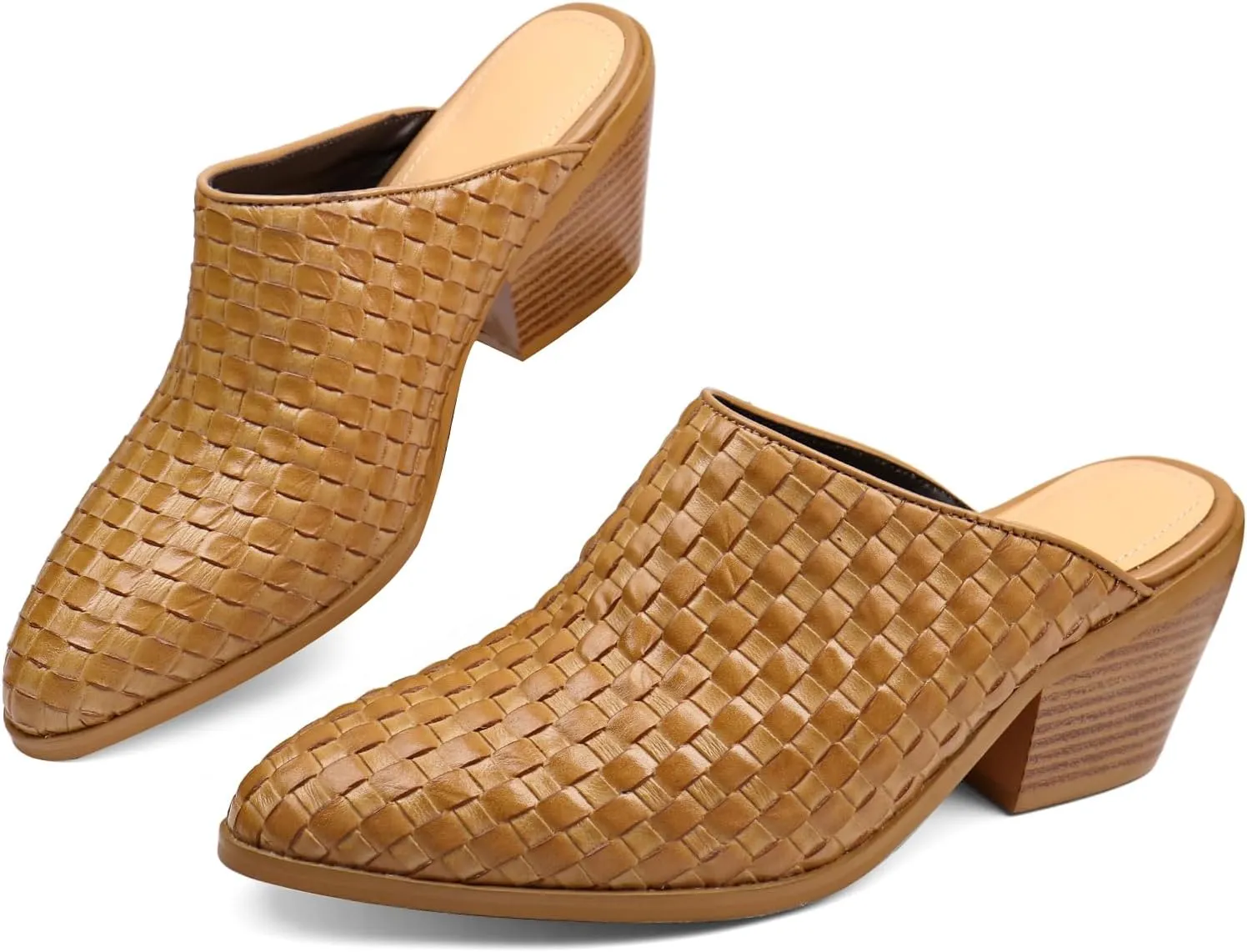 Women's Pumps Closed Pointed Toe Block Heel Mule Woven Leather Chunky Stacked Heeled Slip On Slippers Casual Comfortable Shoes