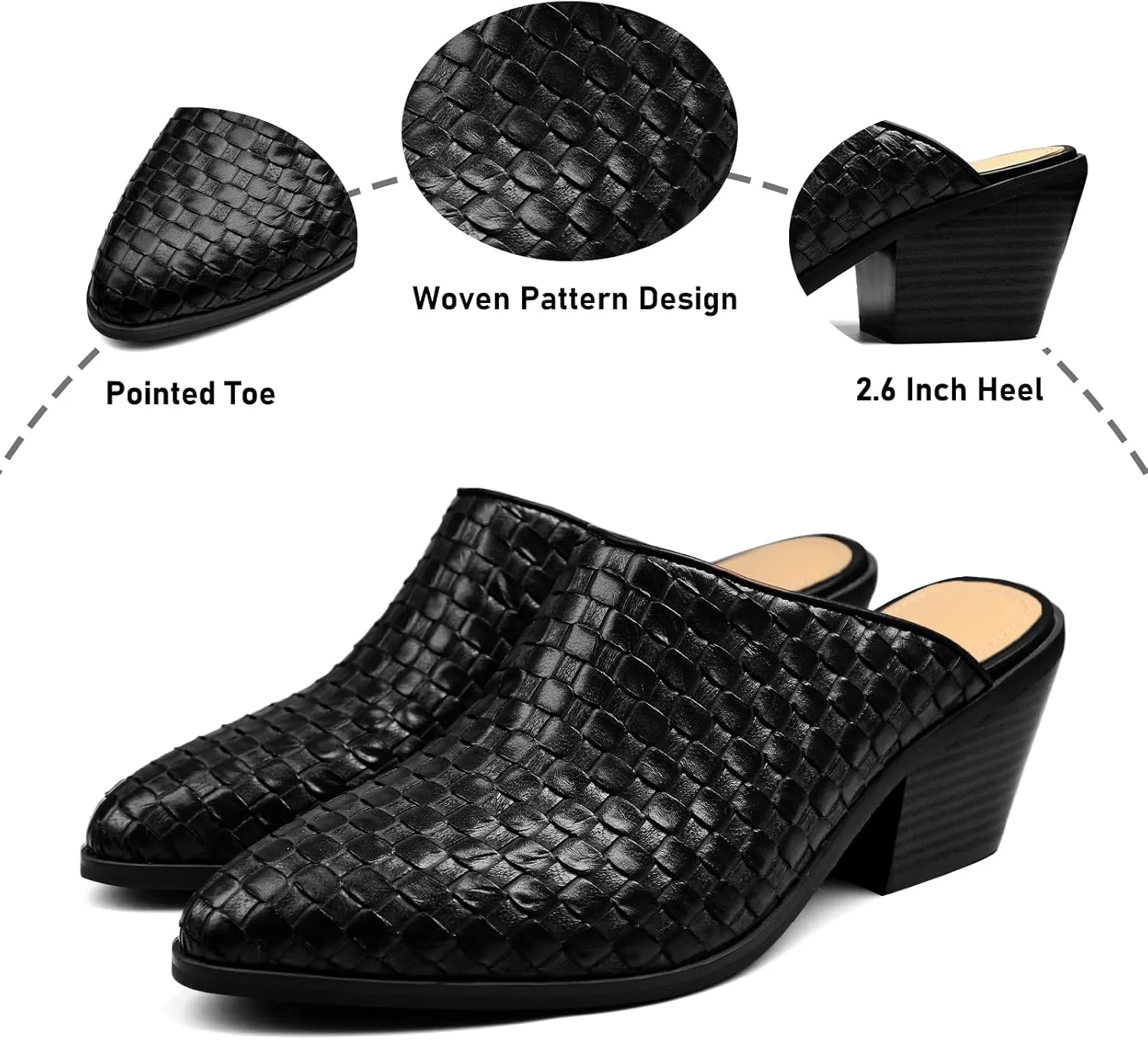 Women's Pumps Closed Pointed Toe Block Heel Mule Woven Leather Chunky Stacked Heeled Slip On Slippers Casual Comfortable Shoes