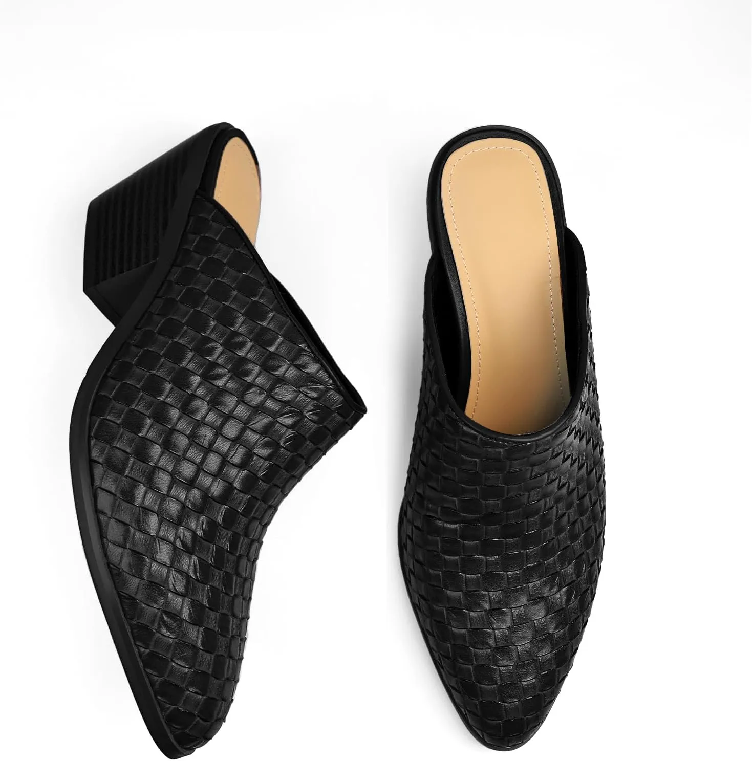 Women's Pumps Closed Pointed Toe Block Heel Mule Woven Leather Chunky Stacked Heeled Slip On Slippers Casual Comfortable Shoes