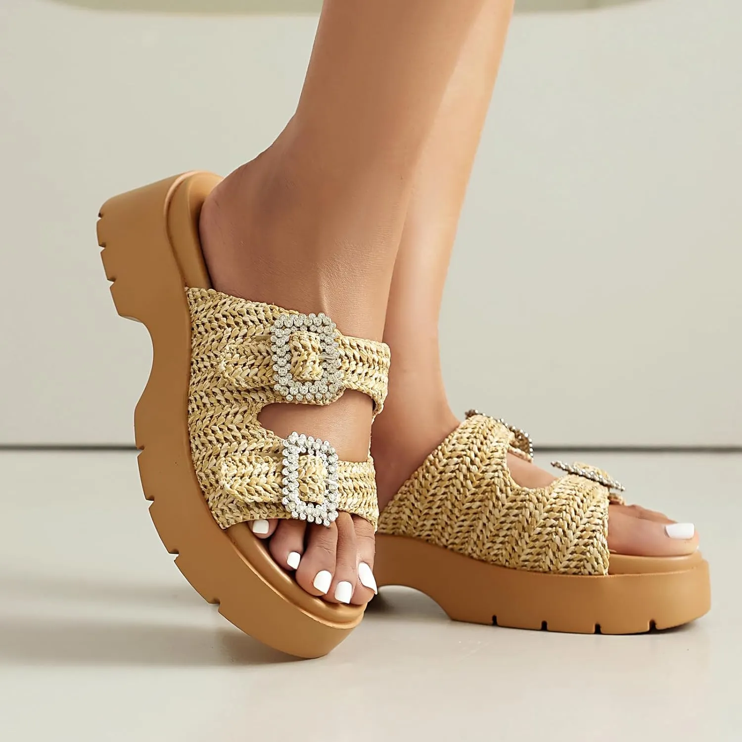Women's Raffia Platform Wedge Sandals, Comfortable Beach Straw Slides Open Toe Platform Sandals for Vacation Outdoor Summer