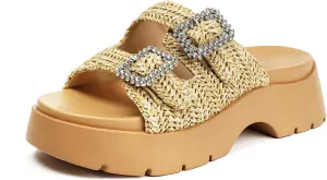 Women's Raffia Platform Wedge Sandals, Comfortable Beach Straw Slides Open Toe Platform Sandals for Vacation Outdoor Summer