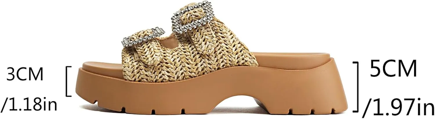 Women's Raffia Platform Wedge Sandals, Comfortable Beach Straw Slides Open Toe Platform Sandals for Vacation Outdoor Summer