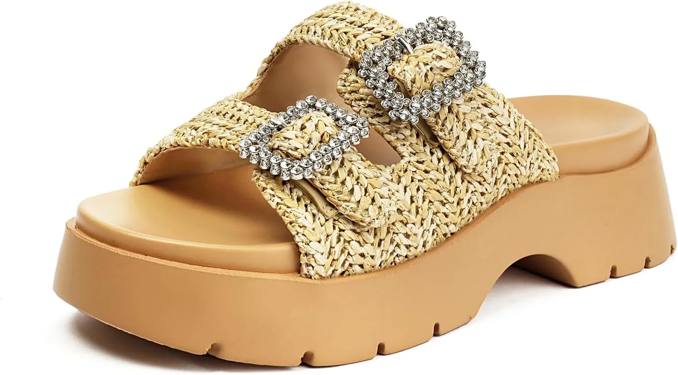 Women's Raffia Platform Wedge Sandals, Comfortable Beach Straw Slides Open Toe Platform Sandals for Vacation Outdoor Summer