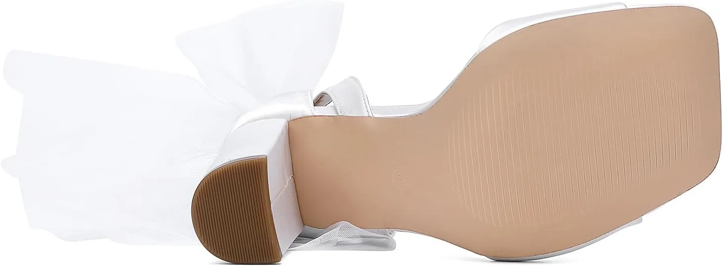 Women's Satin Wedding White Bow Heels for Women Block Chunky White Heels Wedding Shoes for Bride White Dress Shoes for Women White Wedge Heel Bow