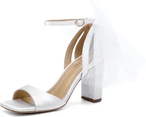 Women's Satin Wedding White Bow Heels for Women Block Chunky White Heels Wedding Shoes for Bride White Dress Shoes for Women White Wedge Heel Bow