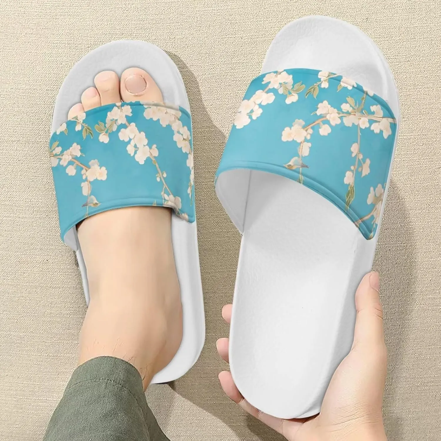 Womens Slide Sandals Slip On Anti-skid Bathroom Slippers Fashion Comfort Soft Summer Beach Shoes Casual Peep Toe Shoes SizeUS 6-13.5