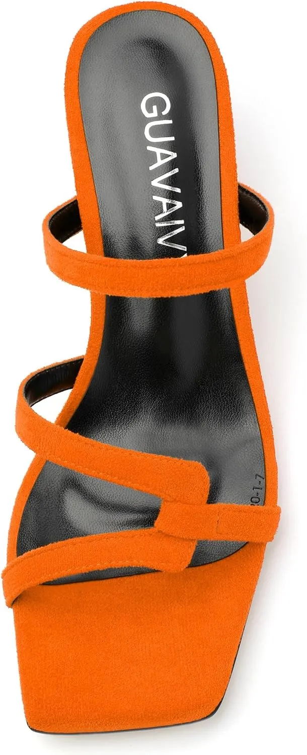 Womens Slide Sandals, Square Open Toe Low Heels Sandals, Fashion Solid Faux Suede Heeled Sandals for Women
