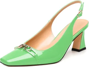 Womens Slingback Pumps, Small Square Toe and Chunky Heel Pumps with Metal Buckle, Leather Insole Comfort Slingbakc Daily Work Pumps 2.5"