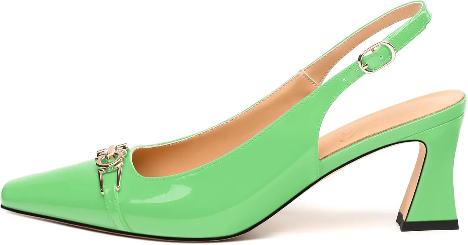 Womens Slingback Pumps, Small Square Toe and Chunky Heel Pumps with Metal Buckle, Leather Insole Comfort Slingbakc Daily Work Pumps 2.5"