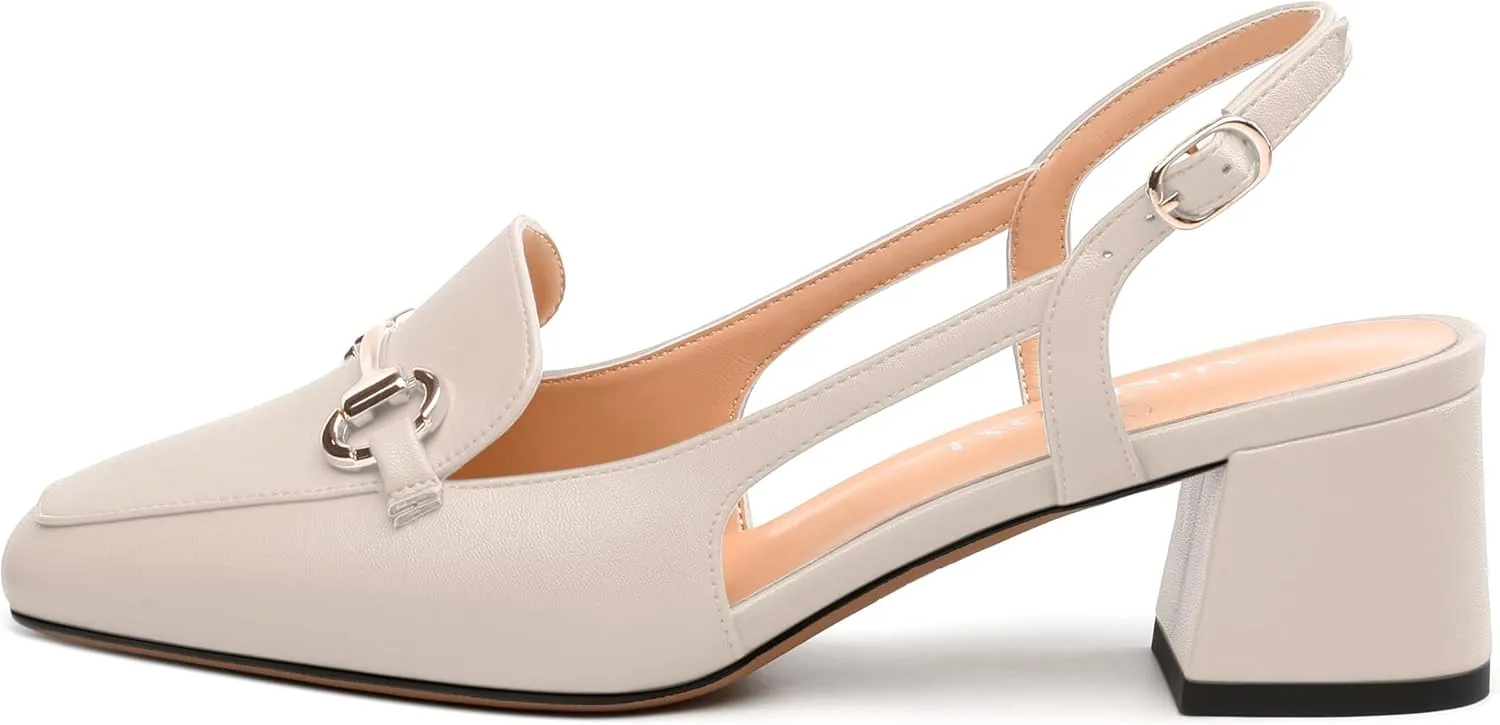 Womens Slingback Pumps, Square Toe Mid Block Heel Slingbacks for Women, Chunky Heel Pumps with Metal Buckle 2"