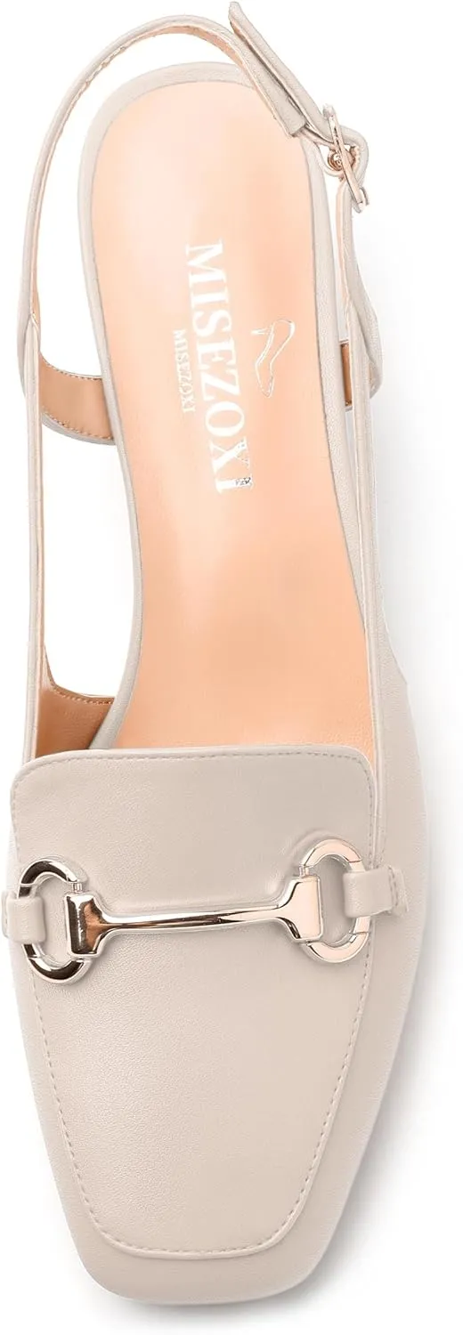 Womens Slingback Pumps, Square Toe Mid Block Heel Slingbacks for Women, Chunky Heel Pumps with Metal Buckle 2"