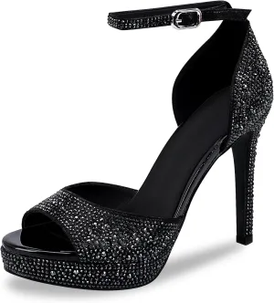 Women’s Sparkly Rhinestone Platform High Heel Sandals - Open Toe Stiletto Heel Dress Shoes for Party Wedding Club Night
