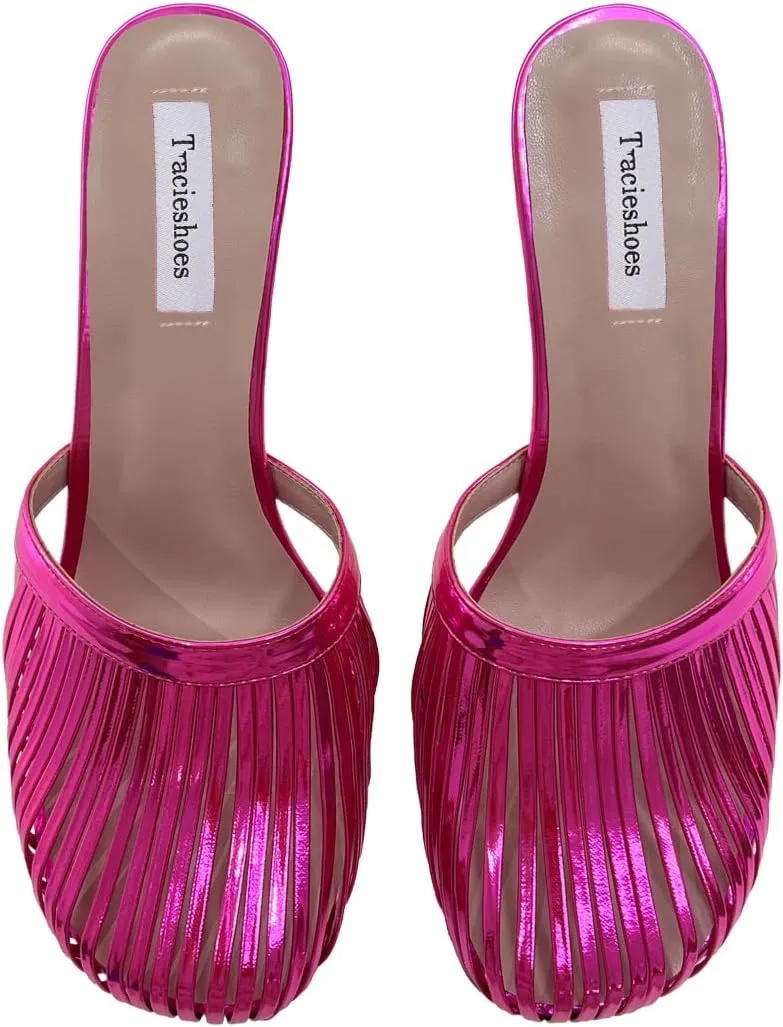 Women's Strappy Mule Sandals Round Toe 3.5 Inch Stiletto High Heeled Slip-on Slippers Patent Metallic Leather Ladies Shoes