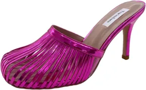 Women's Strappy Mule Sandals Round Toe 3.5 Inch Stiletto High Heeled Slip-on Slippers Patent Metallic Leather Ladies Shoes