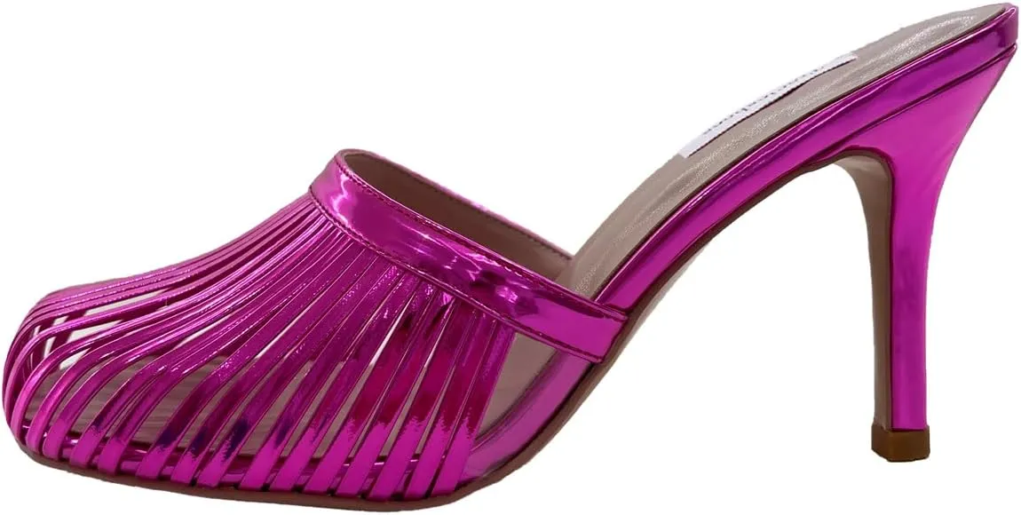 Women's Strappy Mule Sandals Round Toe 3.5 Inch Stiletto High Heeled Slip-on Slippers Patent Metallic Leather Ladies Shoes