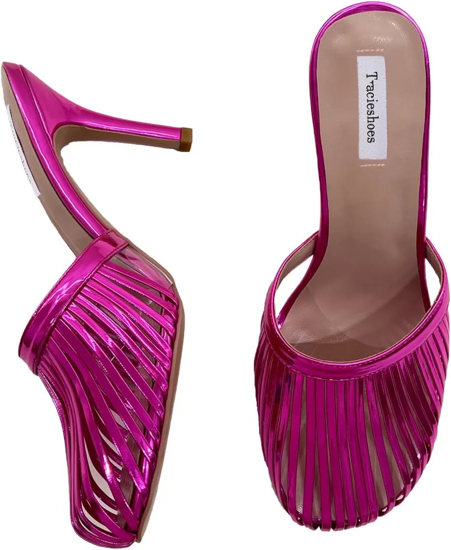 Women's Strappy Mule Sandals Round Toe 3.5 Inch Stiletto High Heeled Slip-on Slippers Patent Metallic Leather Ladies Shoes