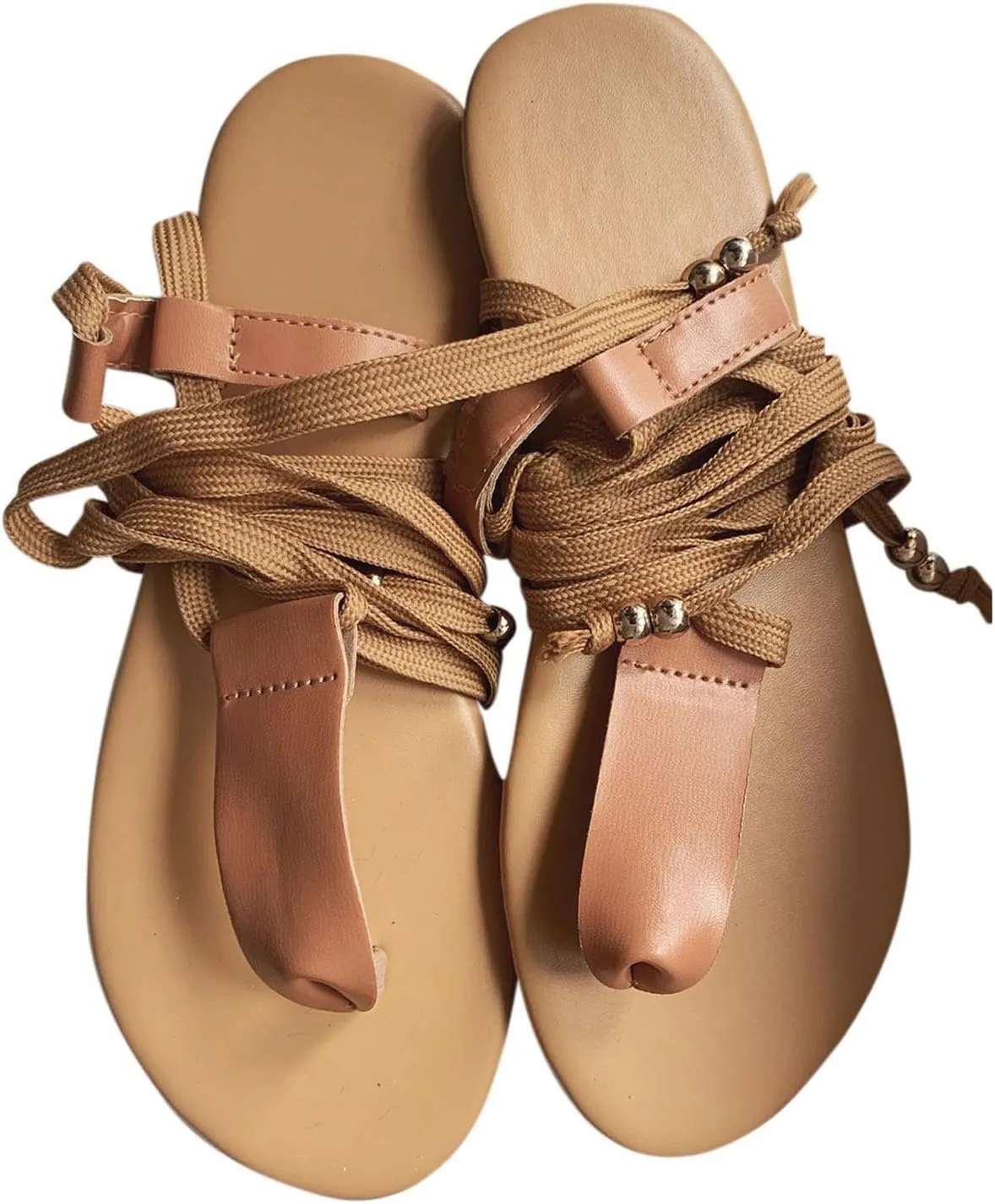 Women's Strappy Thong Sandal Flat Summer Stylish Flip Flop Pearl Embellished Casual Slipper Clip Toe Vacation Shoe