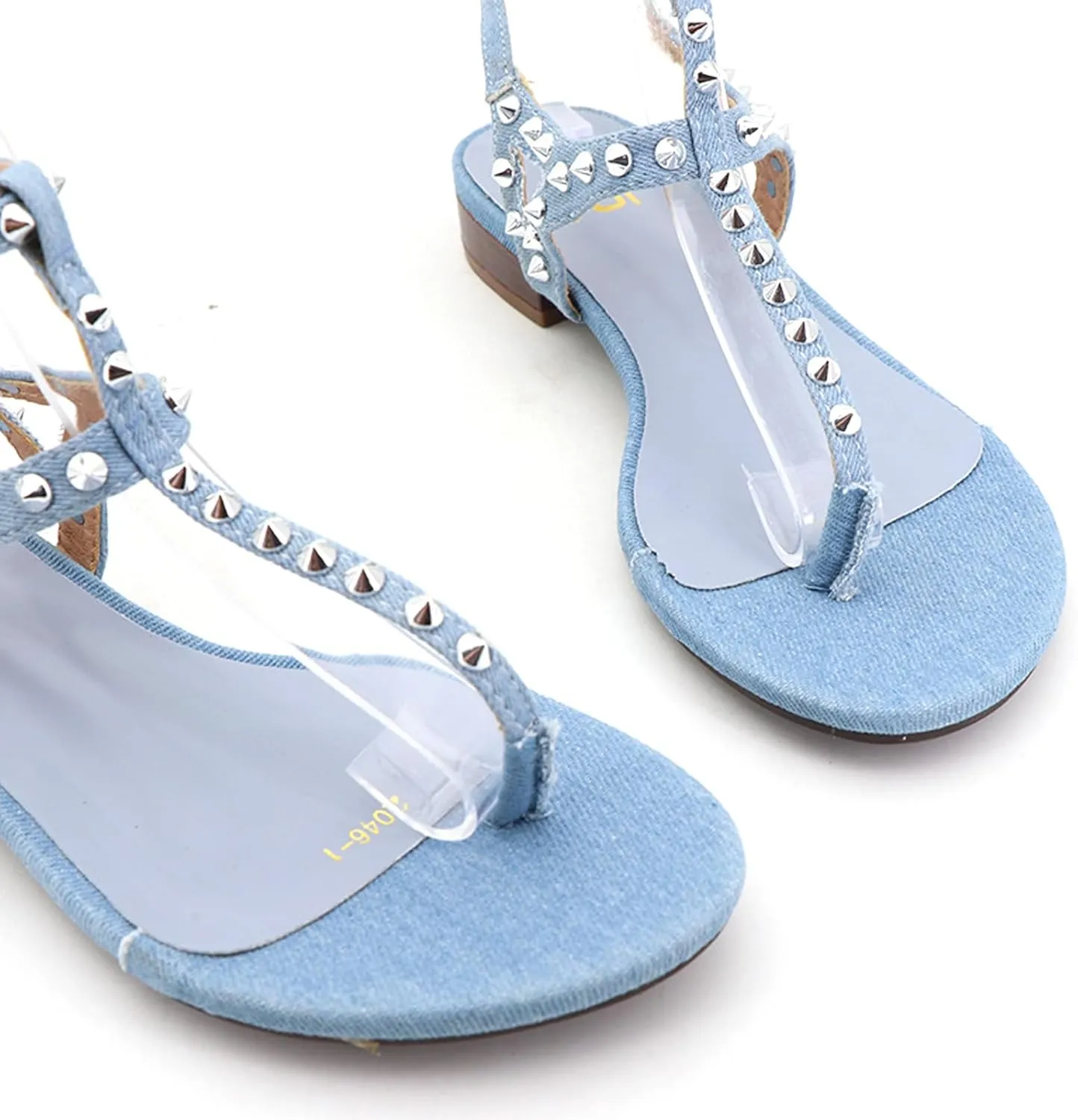 Women's Studded Denim with Ankle Strap Flip Flop Sandals Summer Comfortable Clip Toe Flats for Summer Beach Oceanside Holiday Outdoor