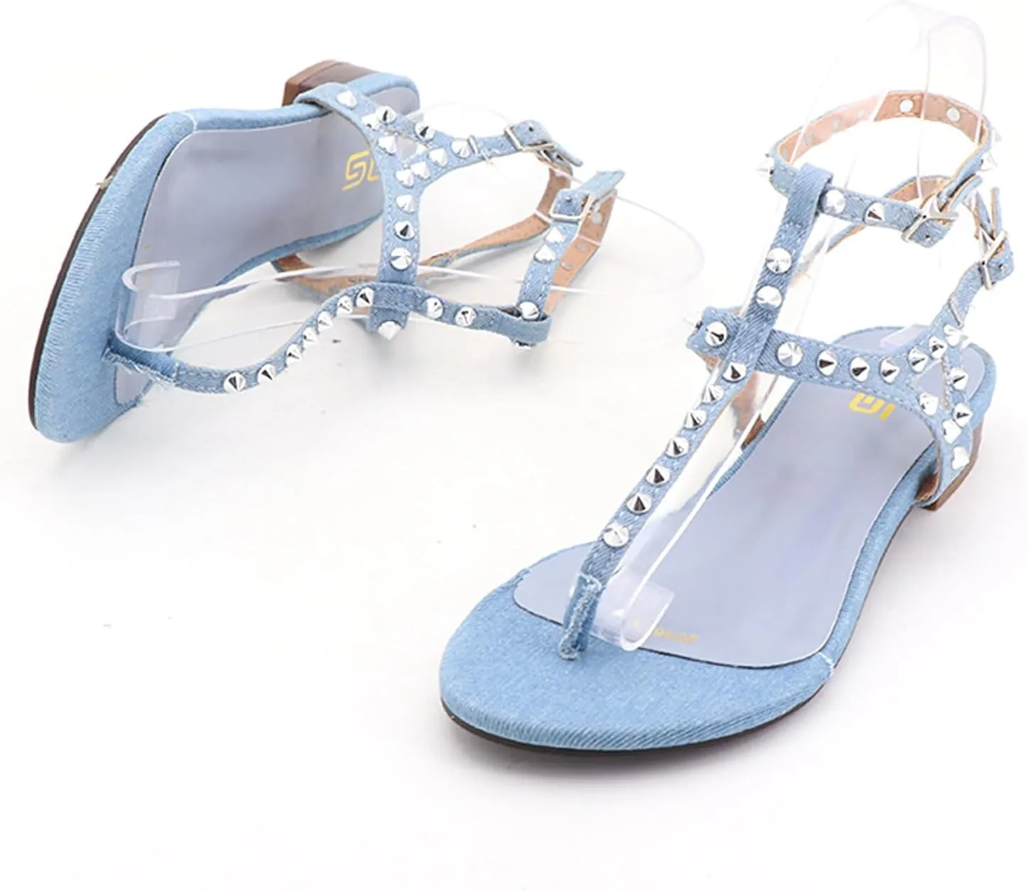 Women's Studded Denim with Ankle Strap Flip Flop Sandals Summer Comfortable Clip Toe Flats for Summer Beach Oceanside Holiday Outdoor