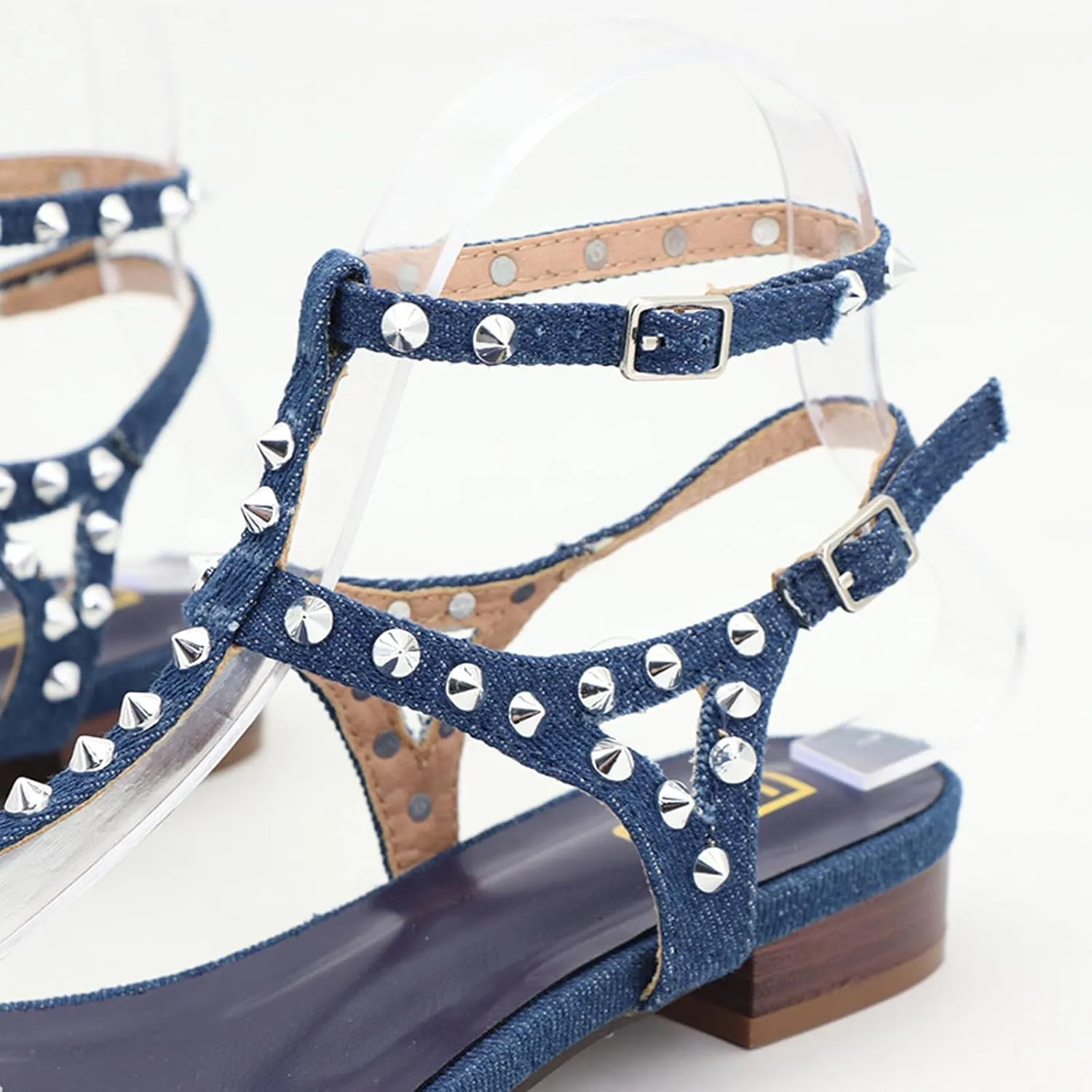 Women's Studded Denim with Ankle Strap Flip Flop Sandals Summer Comfortable Clip Toe Flats for Summer Beach Oceanside Holiday Outdoor
