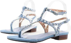 Women's Studded Denim with Ankle Strap Flip Flop Sandals Summer Comfortable Clip Toe Flats for Summer Beach Oceanside Holiday Outdoor