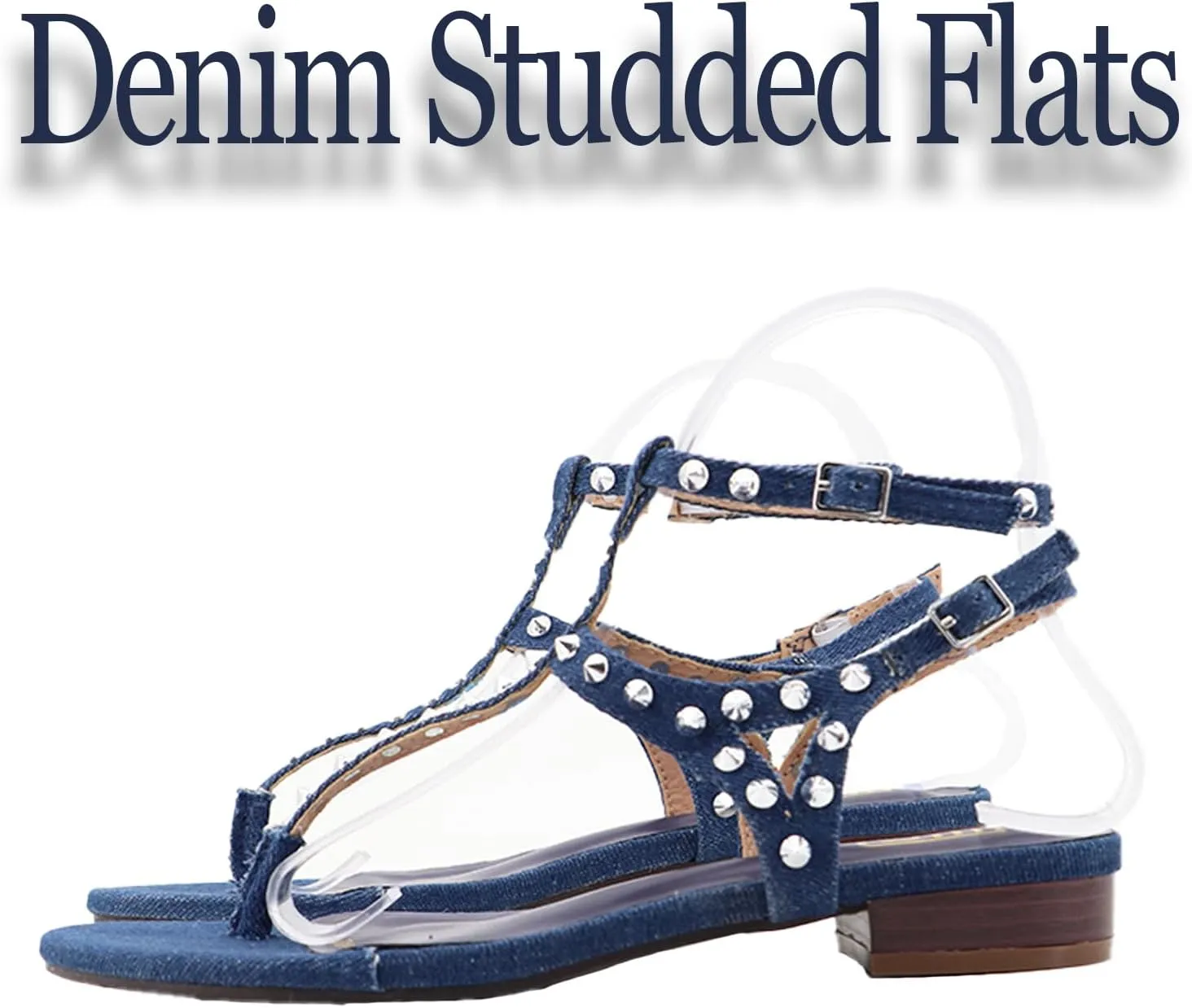 Women's Studded Denim with Ankle Strap Flip Flop Sandals Summer Comfortable Clip Toe Flats for Summer Beach Oceanside Holiday Outdoor