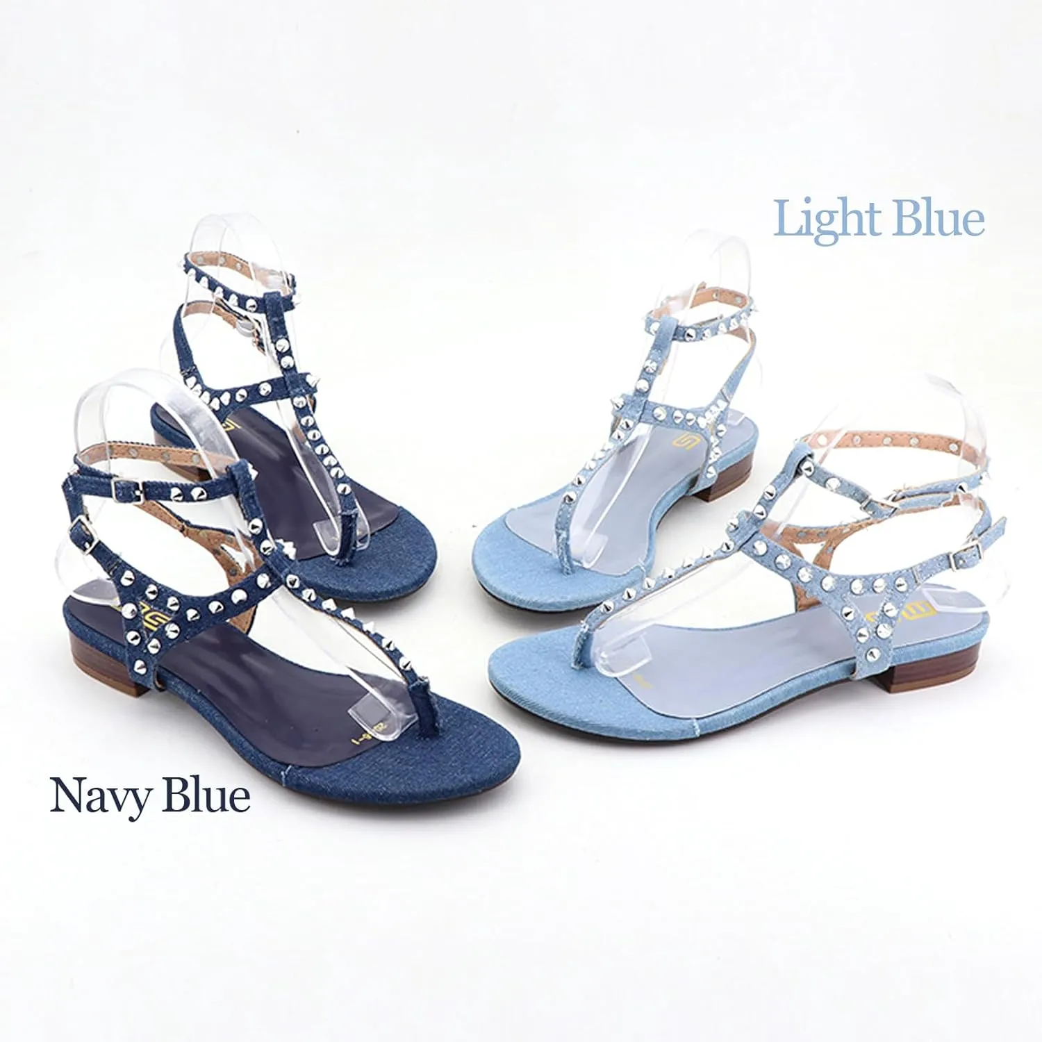 Women's Studded Denim with Ankle Strap Flip Flop Sandals Summer Comfortable Clip Toe Flats for Summer Beach Oceanside Holiday Outdoor