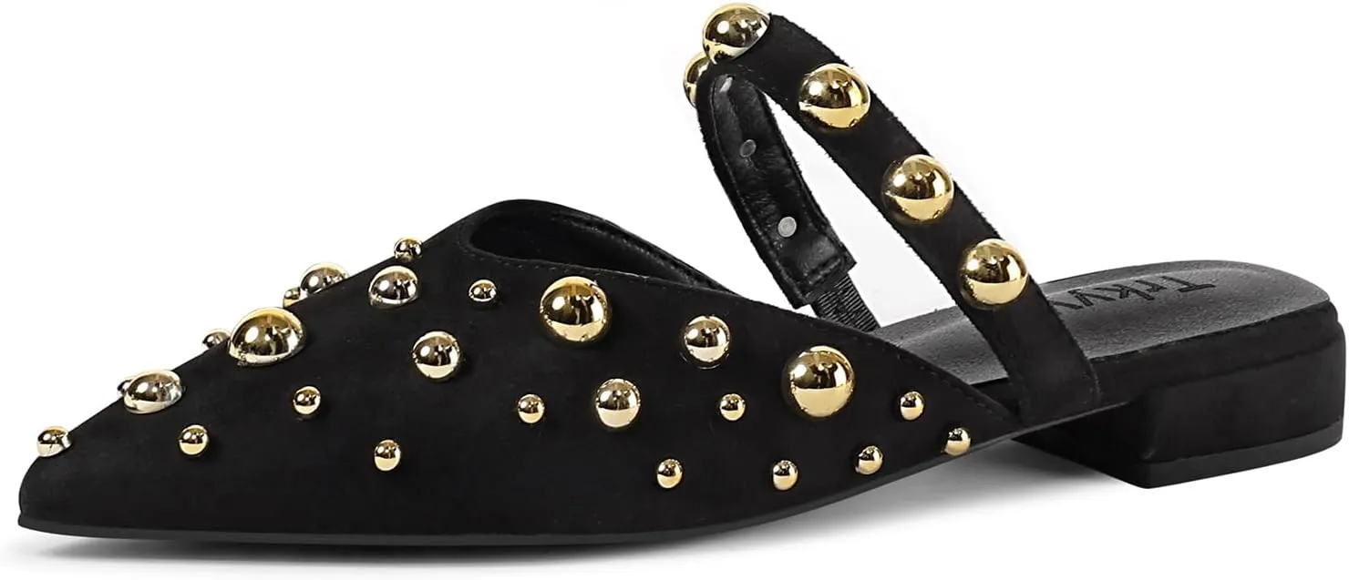 Women's Studded Mules Pointed Toe Strap Slipper Comfortable Flats Shoes