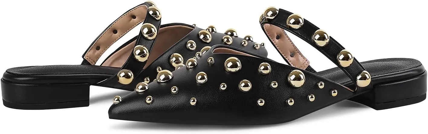 Women's Studded Mules Pointed Toe Strap Slipper Comfortable Flats Shoes