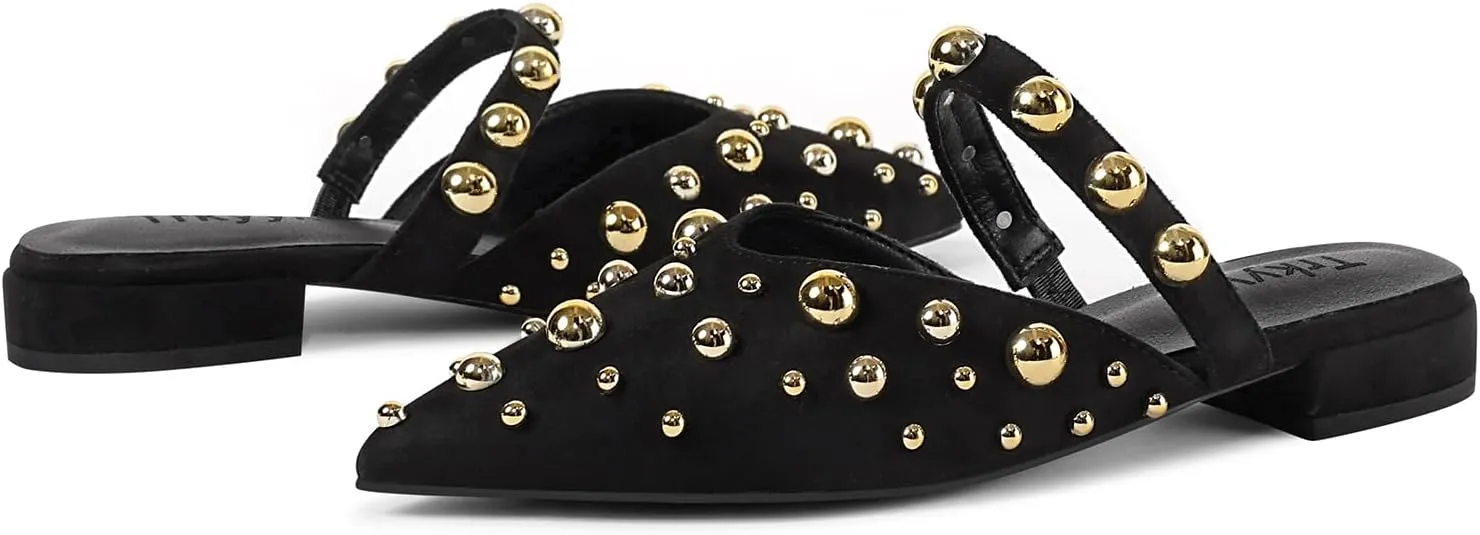 Women's Studded Mules Pointed Toe Strap Slipper Comfortable Flats Shoes
