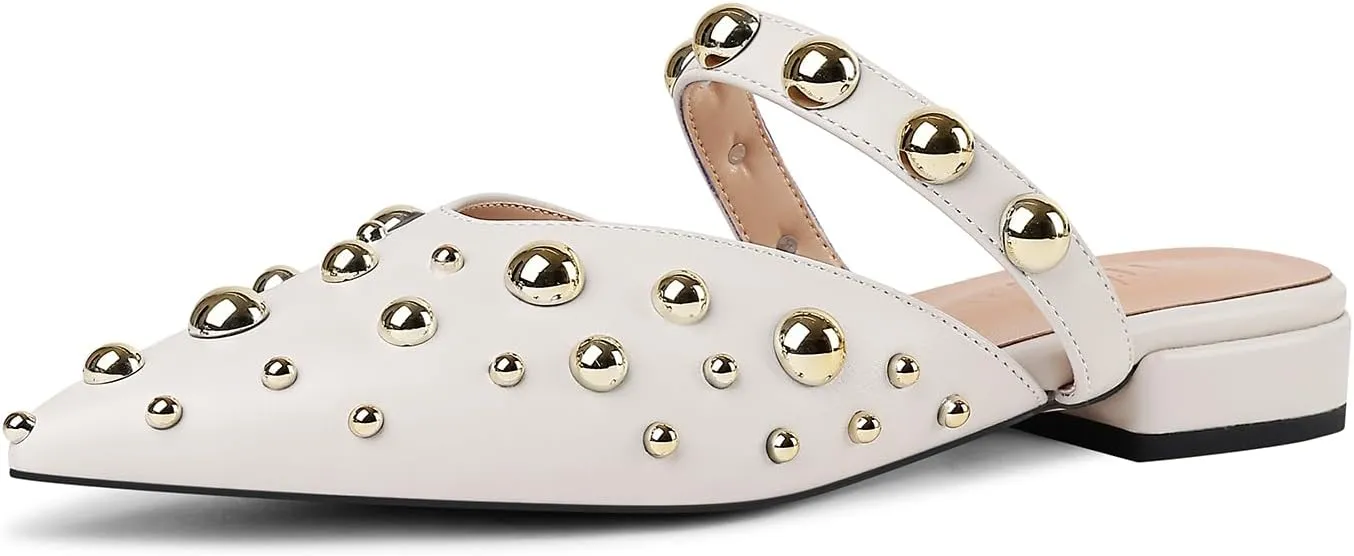 Women's Studded Mules Pointed Toe Strap Slipper Comfortable Flats Shoes