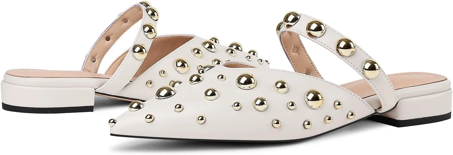 Women's Studded Mules Pointed Toe Strap Slipper Comfortable Flats Shoes