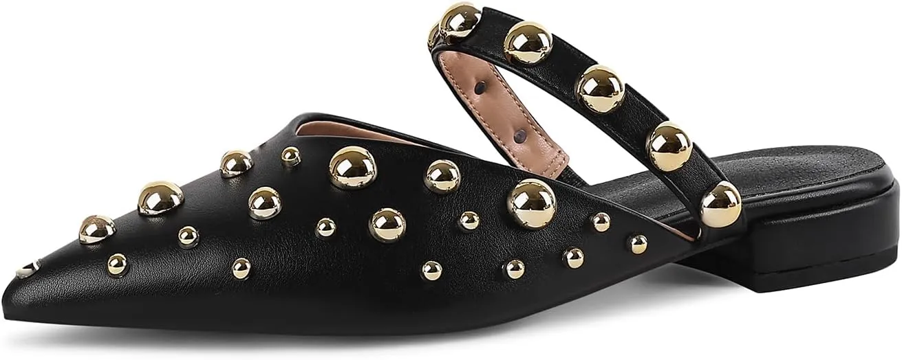 Women's Studded Mules Pointed Toe Strap Slipper Comfortable Flats Shoes