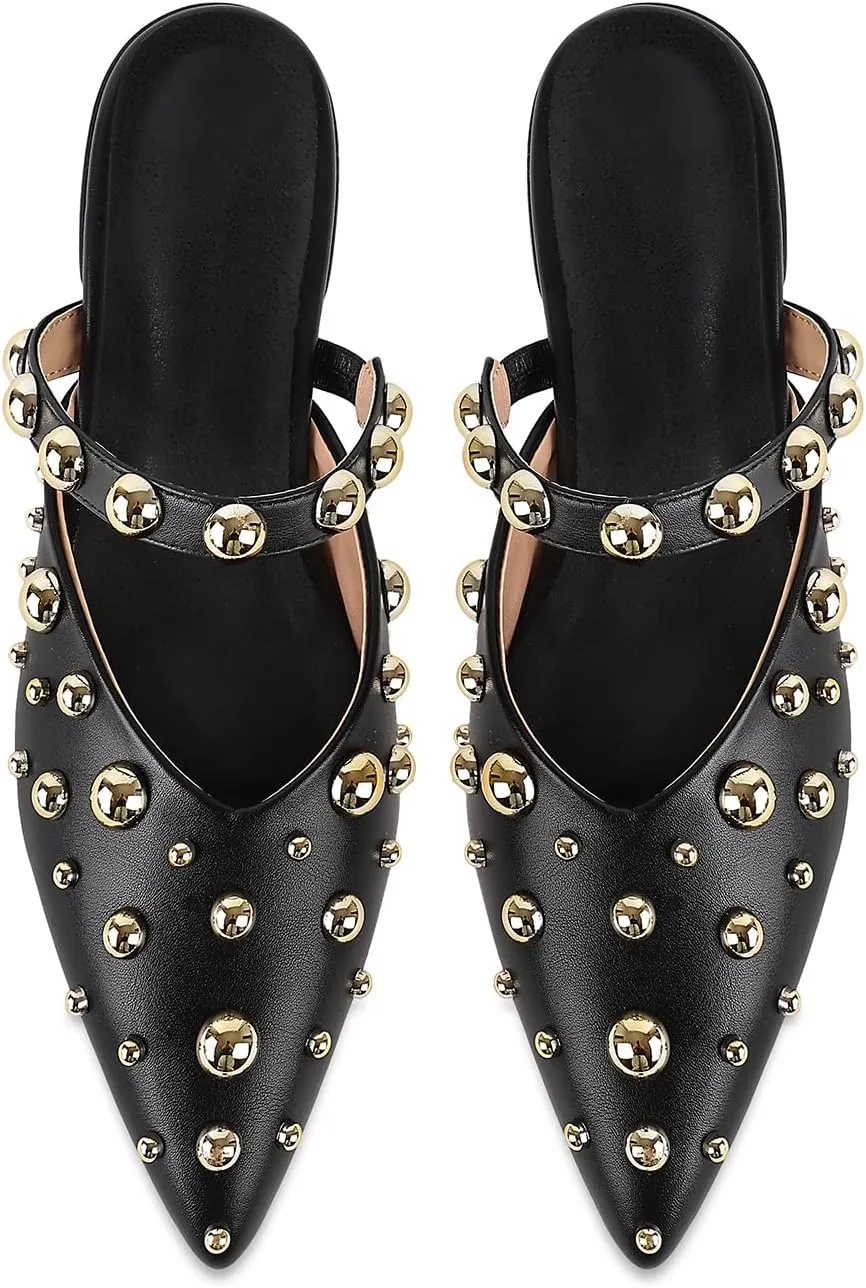 Women's Studded Mules Pointed Toe Strap Slipper Comfortable Flats Shoes