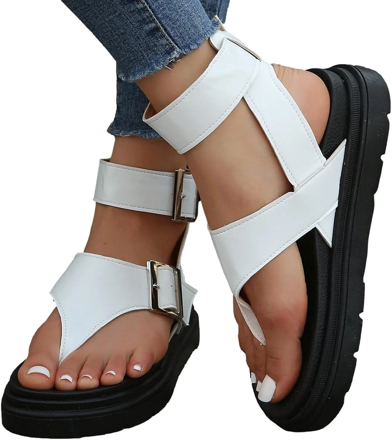 Women's Stylish Buckle Strap Platform Flat Sandals with Arch Suppor Casual Comfy Walking Thong Sandal for Summer
