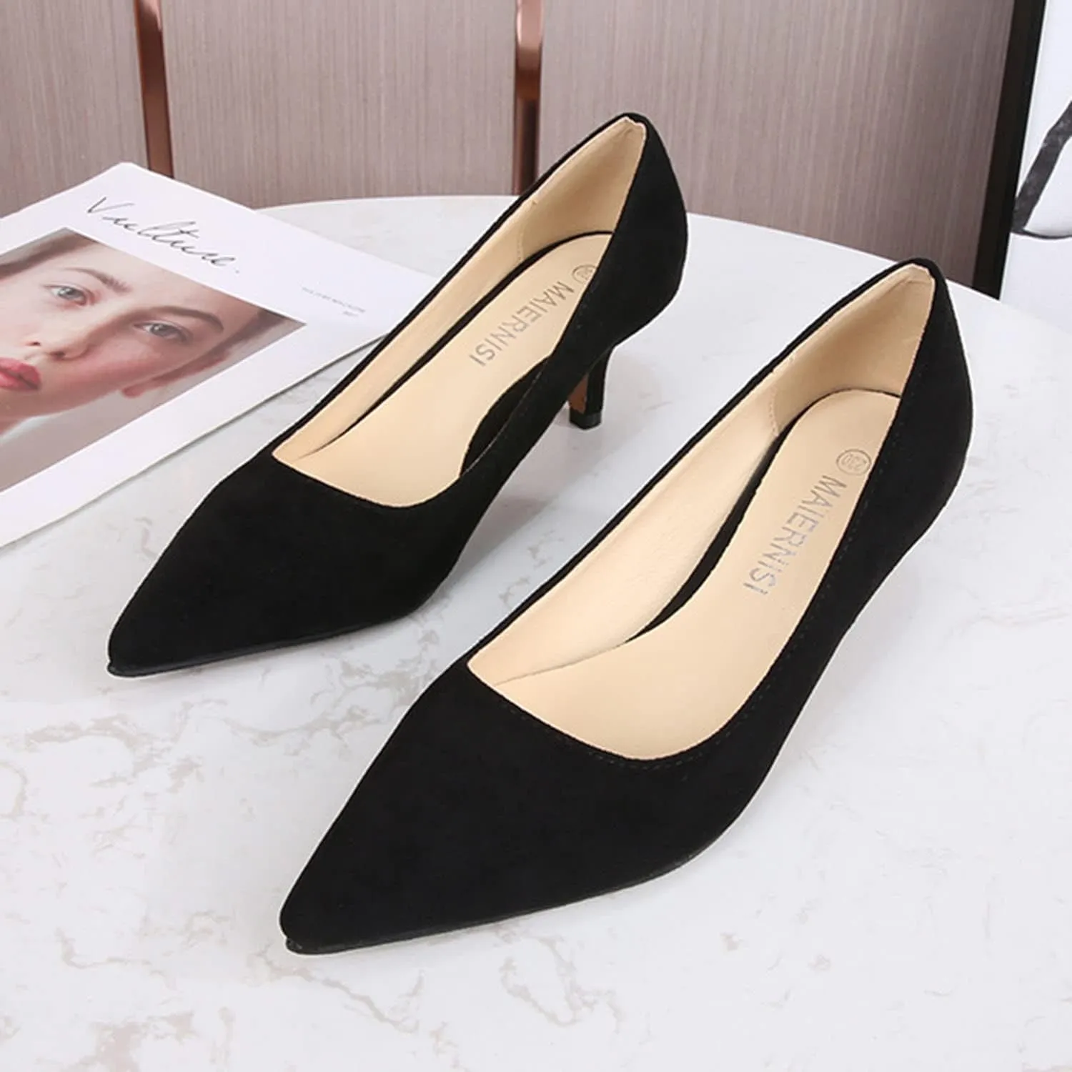 Women's Suede 1.96" Kitten Heel Pumps Pointed Toe Slip on Classic Low Heel Dress Comfort Office Daily Shoes Large Size 35-46