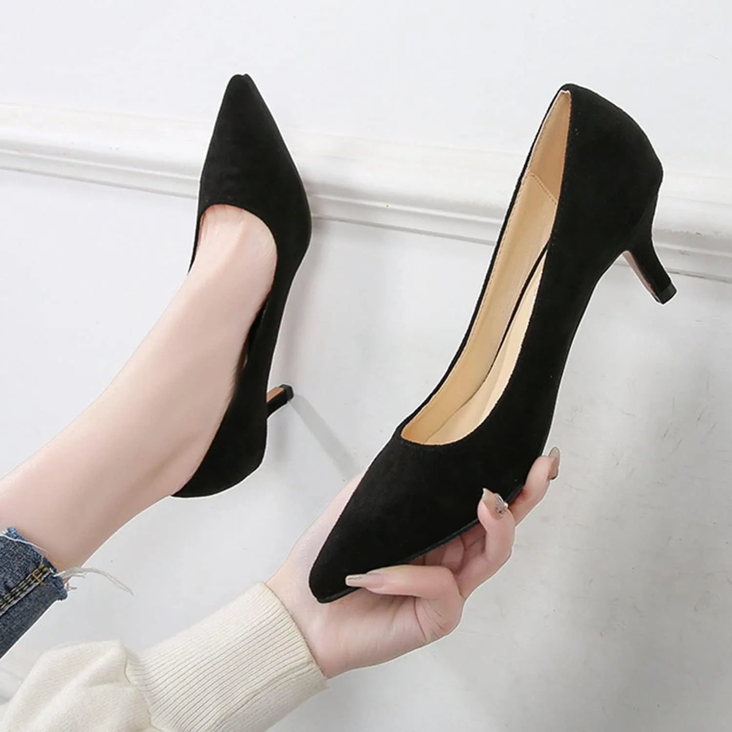 Women's Suede 1.96" Kitten Heel Pumps Pointed Toe Slip on Classic Low Heel Dress Comfort Office Daily Shoes Large Size 35-46
