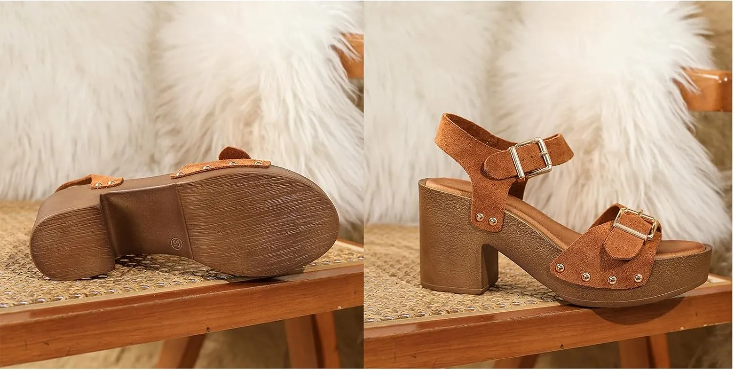 Womens Suede Platform Chunky Heel Retro Sandals with Adjustable Buckle Fashion One Word Belt Platform Block Heels Open Toe Wedding Party Dress Studded Sandals