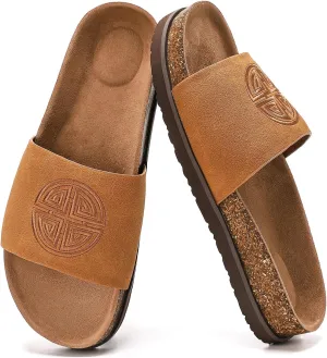 Women's Suede Slide Sandals with Arch Support,Cork Comfortable Summer Flat Sandals for Women 2025 Beach Vacation Shoes,Cute Dressy Sandals Outdoor Slippers