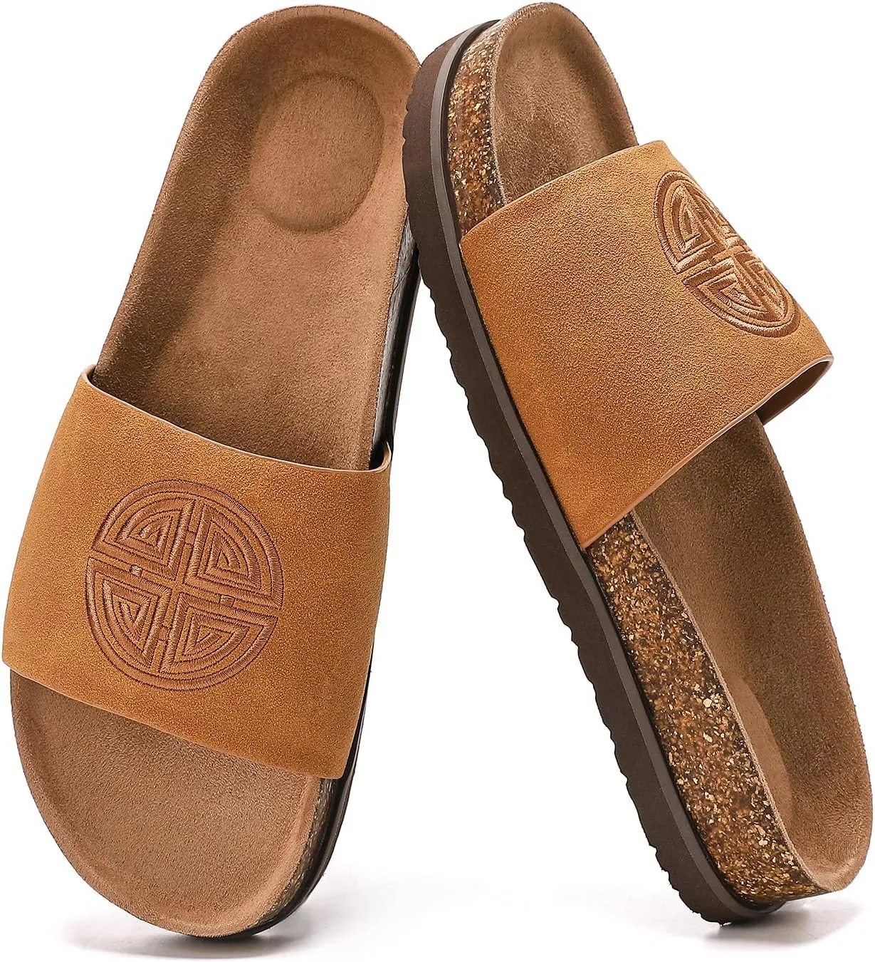 Women's Suede Slide Sandals with Arch Support,Cork Comfortable Summer Flat Sandals for Women 2025 Beach Vacation Shoes,Cute Dressy Sandals Outdoor Slippers