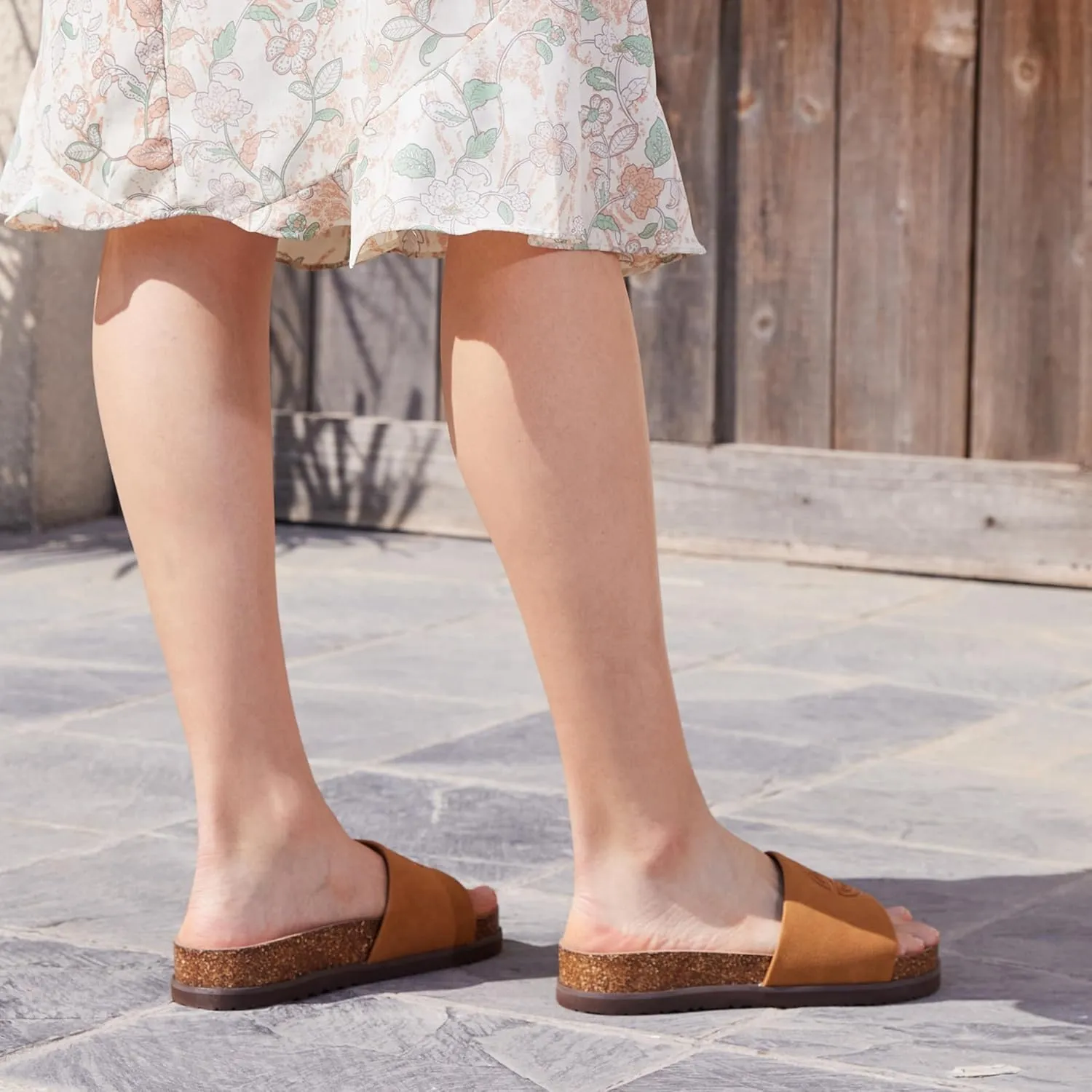 Women's Suede Slide Sandals with Arch Support,Cork Comfortable Summer Flat Sandals for Women 2025 Beach Vacation Shoes,Cute Dressy Sandals Outdoor Slippers