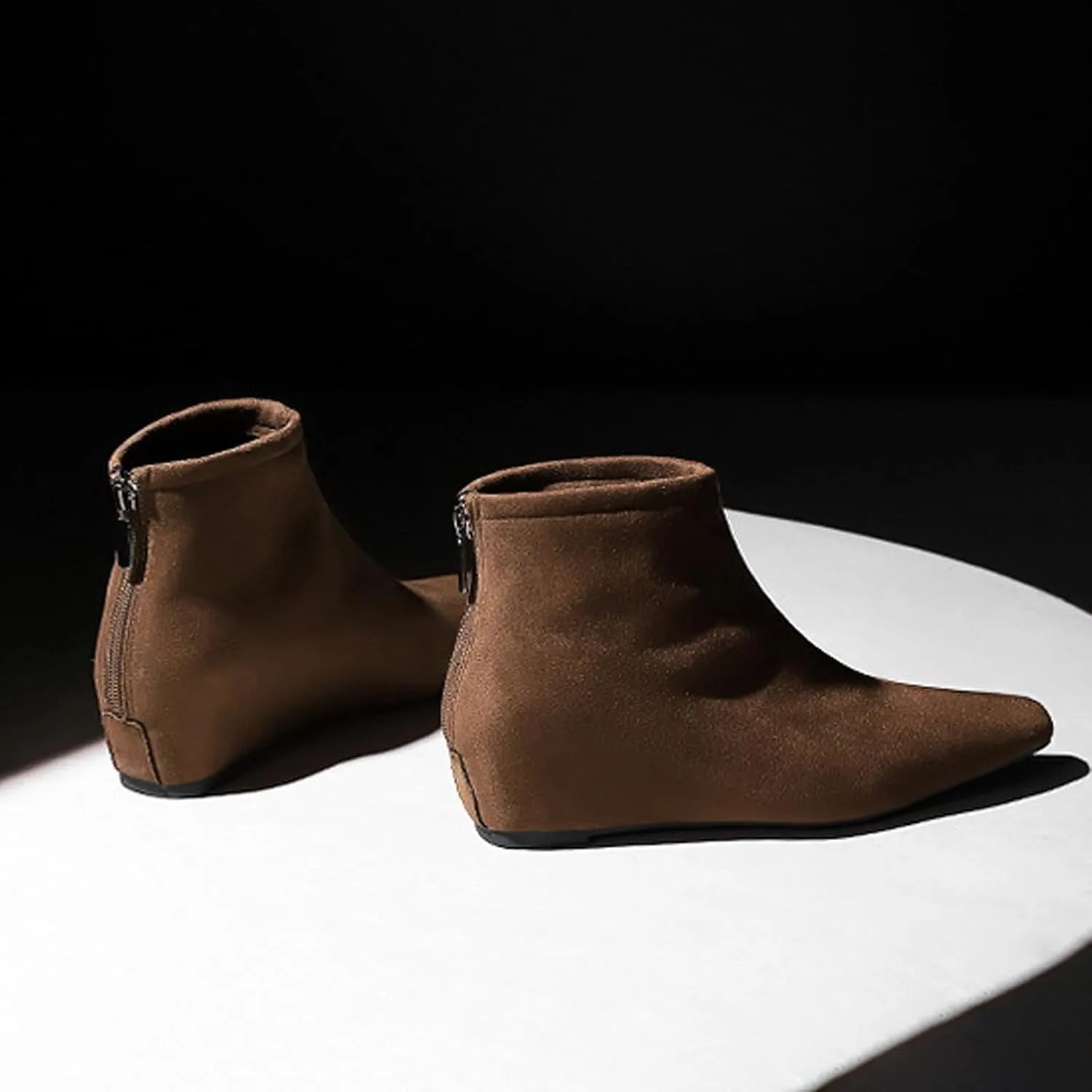 Women's Suede Spring Fall Classic Flat Dress Ankle Boots Retro Pointed Toe Back Zippers Invisible Height Increasing Wedge Casual Short Booties for Office Work Date