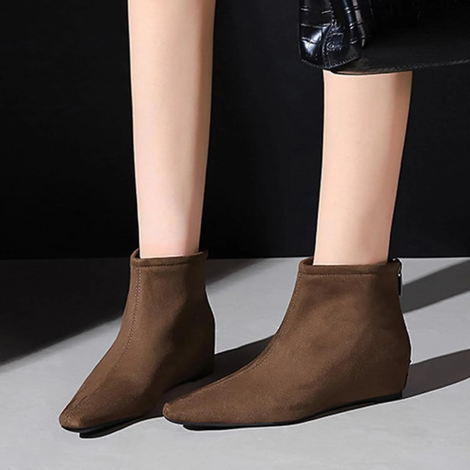 Women's Suede Spring Fall Classic Flat Dress Ankle Boots Retro Pointed Toe Back Zippers Invisible Height Increasing Wedge Casual Short Booties for Office Work Date
