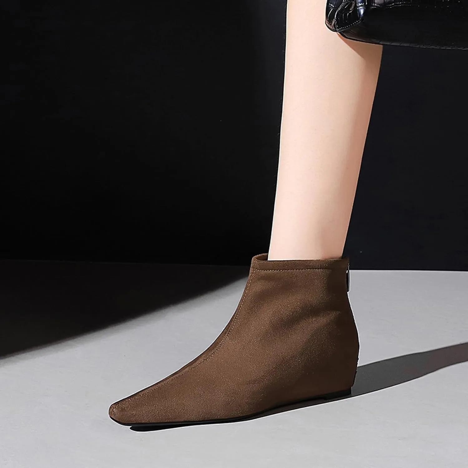 Women's Suede Spring Fall Classic Flat Dress Ankle Boots Retro Pointed Toe Back Zippers Invisible Height Increasing Wedge Casual Short Booties for Office Work Date