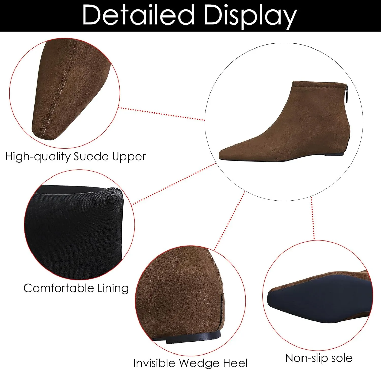 Women's Suede Spring Fall Classic Flat Dress Ankle Boots Retro Pointed Toe Back Zippers Invisible Height Increasing Wedge Casual Short Booties for Office Work Date
