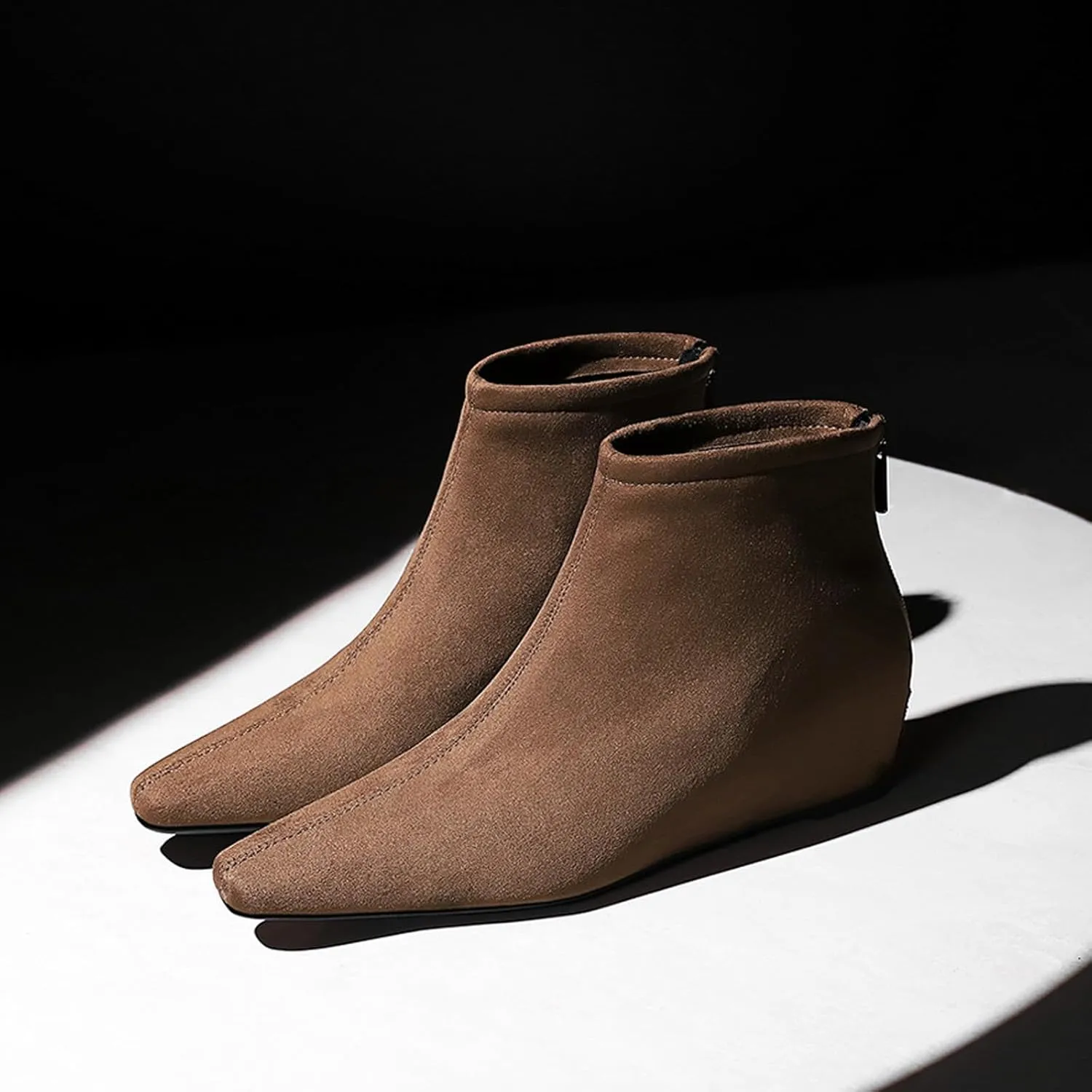 Women's Suede Spring Fall Classic Flat Dress Ankle Boots Retro Pointed Toe Back Zippers Invisible Height Increasing Wedge Casual Short Booties for Office Work Date