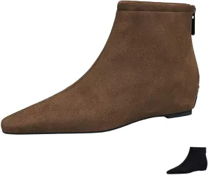 Women's Suede Spring Fall Classic Flat Dress Ankle Boots Retro Pointed Toe Back Zippers Invisible Height Increasing Wedge Casual Short Booties for Office Work Date