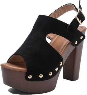 Women's Suede Studded Platform High Heel Sandals with Buckle Ankle Strap, Stylish and Comfortable Roman Block Heel Sandals